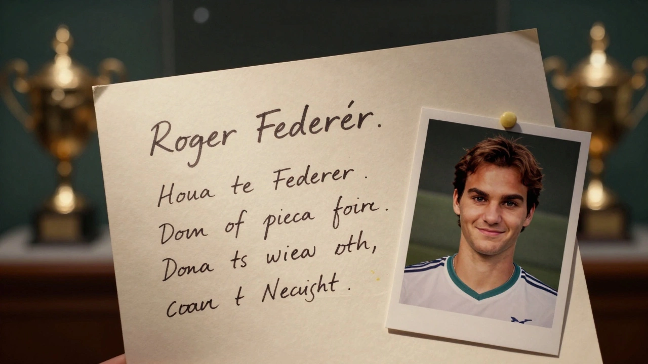 A handwritten letter from Roger Federer displayed under a museum spotlight, beside a fan's photo and vintage trophies.