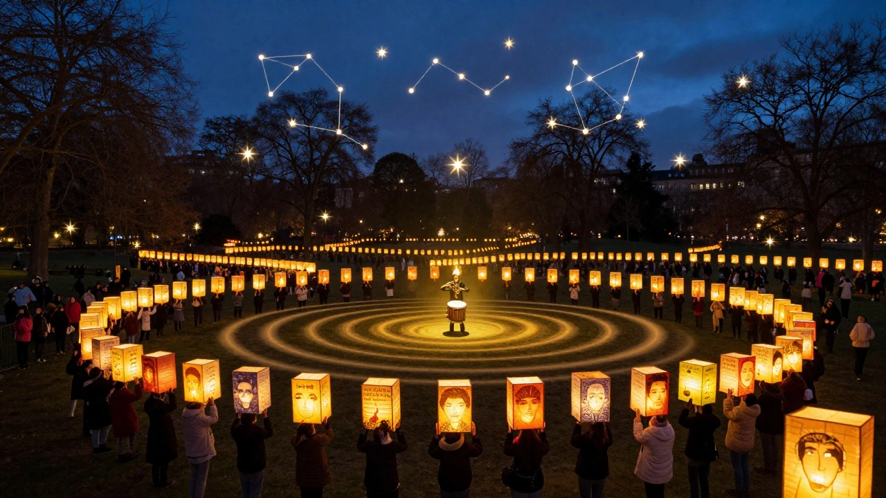 A lantern parade in Hyde Park at dusk, with glowing lanterns shaped like books and faces, a single drummer in the center.