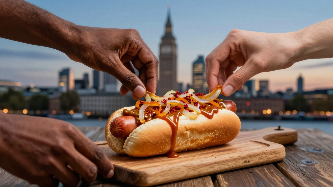 A London hot dog topped with curry sauce and onions, surrounded by translucent hands from diverse cultures adding ingredients.
