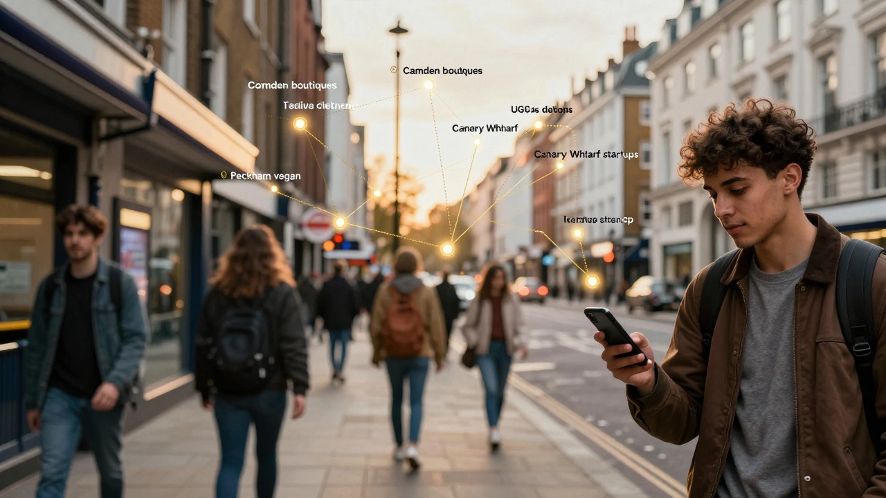 A London map with glowing spots marking UGC client locations, connected to a creator walking past a Tube station.
