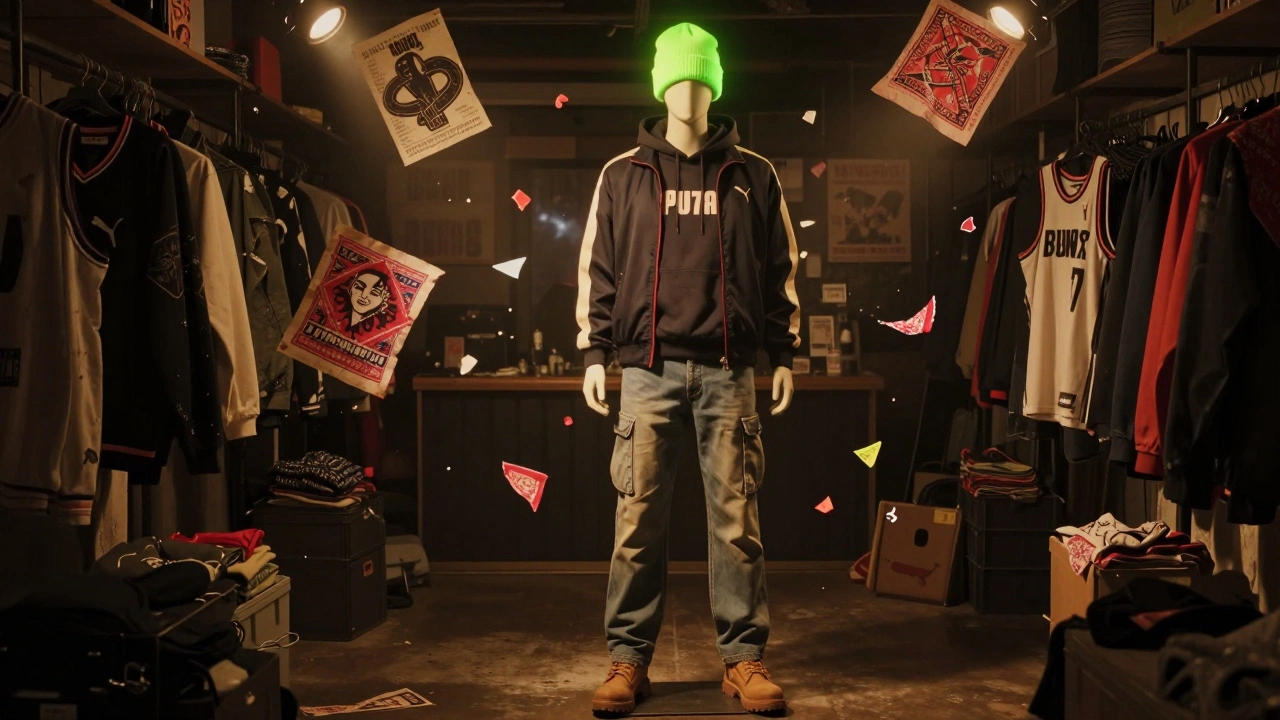 A mannequin in a dim shop dressed in layered vintage pieces, surrounded by floating fragments of retro fashion.