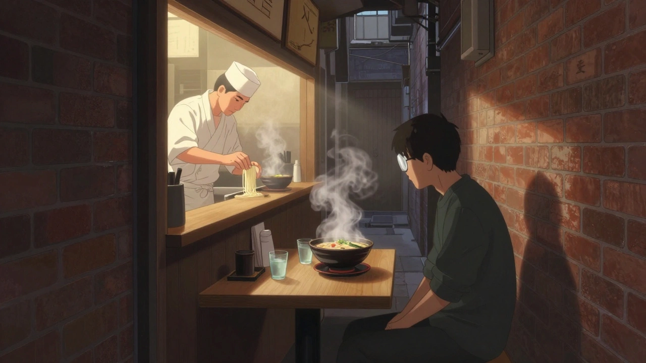 A quiet Hackney alley at dawn with a hidden ramen shop, steam rising from a bowl as a chef hand-pulls noodles in soft morning light.
