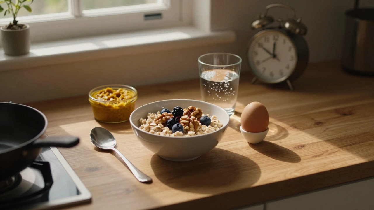 A simple London breakfast of oatmeal, egg, and water with salt sits ready at dawn.