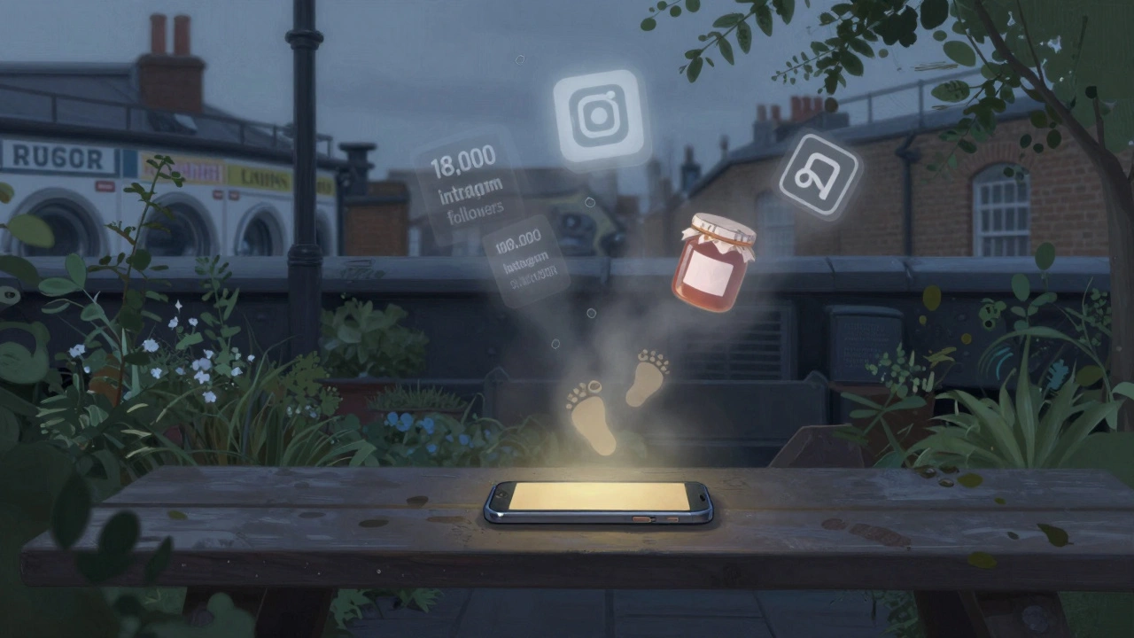 A smartphone glowing on a bench in a hidden rooftop garden, surrounded by faint overlays of local knowledge like bus routes and jam jars.