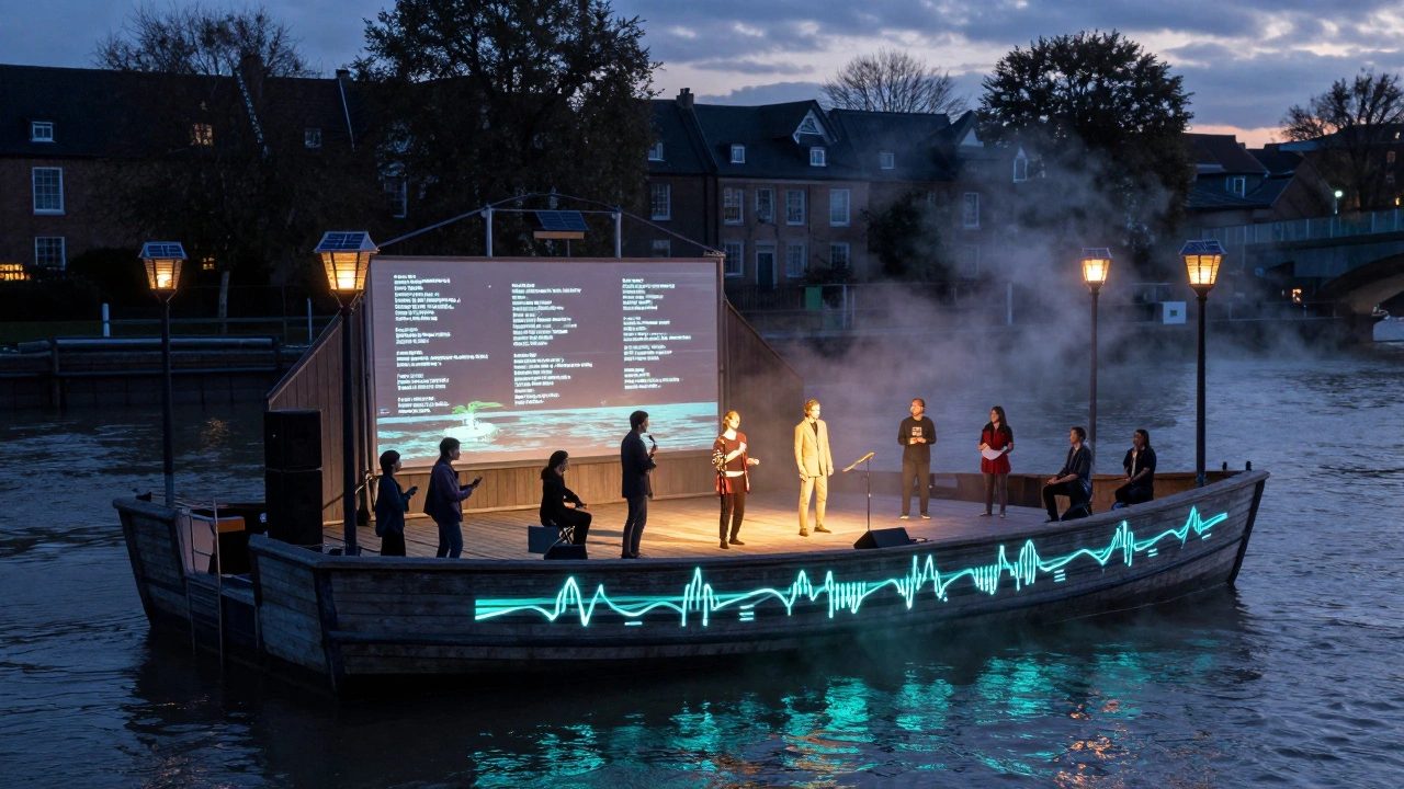 A solar-powered theatre floating on the Thames at night, with projected tide charts and actors performing under glowing lanterns.