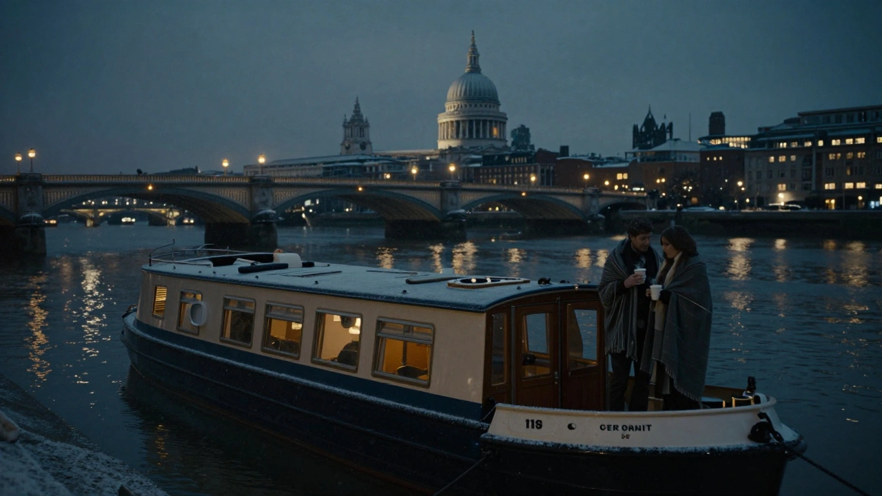 A vintage Thames launch floats quietly under winter bridge lights, a couple wrapped in blankets sipping hot drinks as snow falls softly.