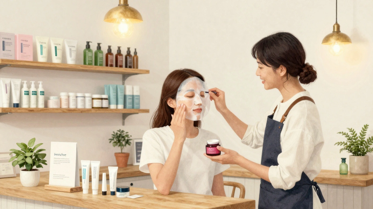 A woman applying a sheet mask in a cozy K-beauty shop as the owner watches, surrounded by branded skincare items.