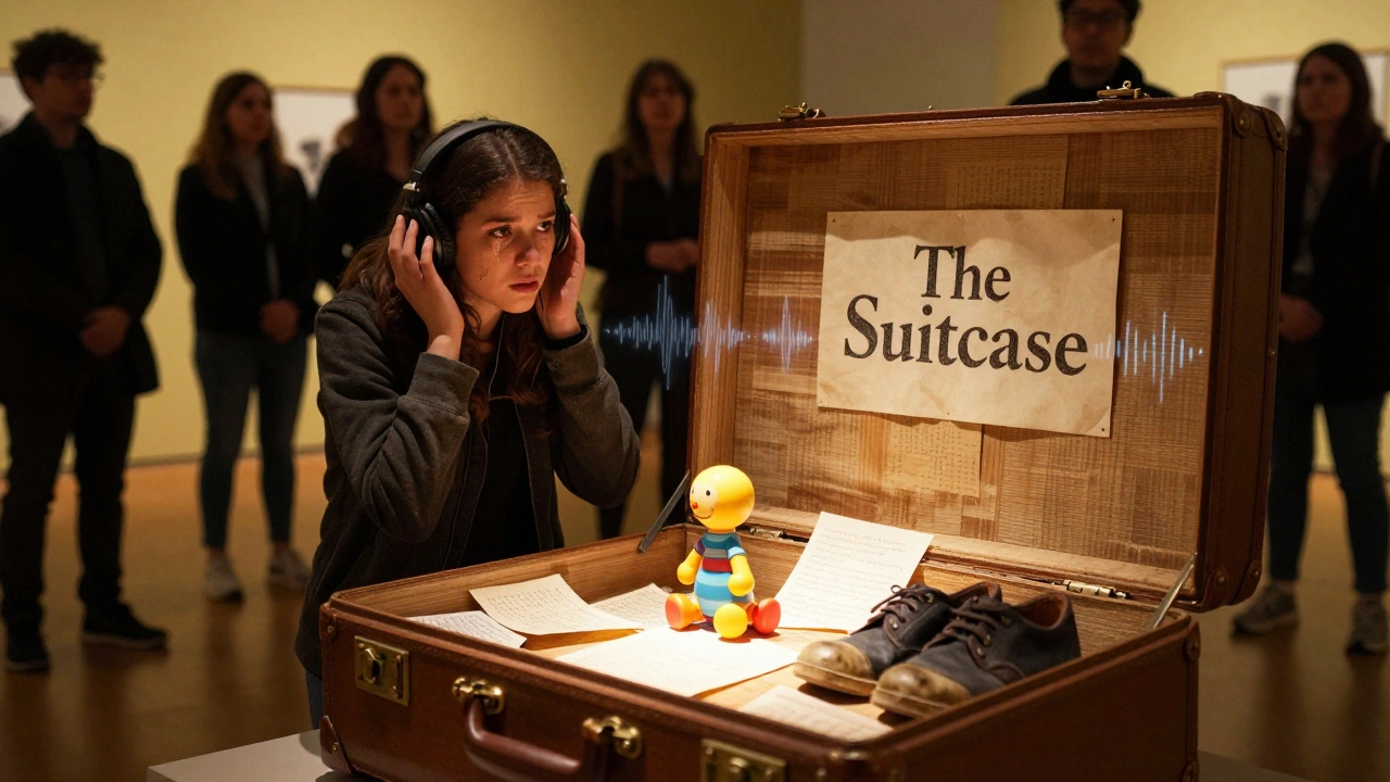 A woman listening to a recorded story from a historic suitcase filled with letters and personal items.