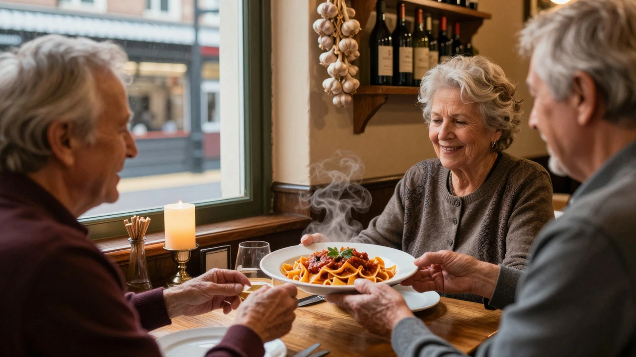 An elderly customer receives handmade tagliatelle from Nonna Rosa in a warm, candlelit Italian trattoria with wine bottles and garlic bulbs in the background.
