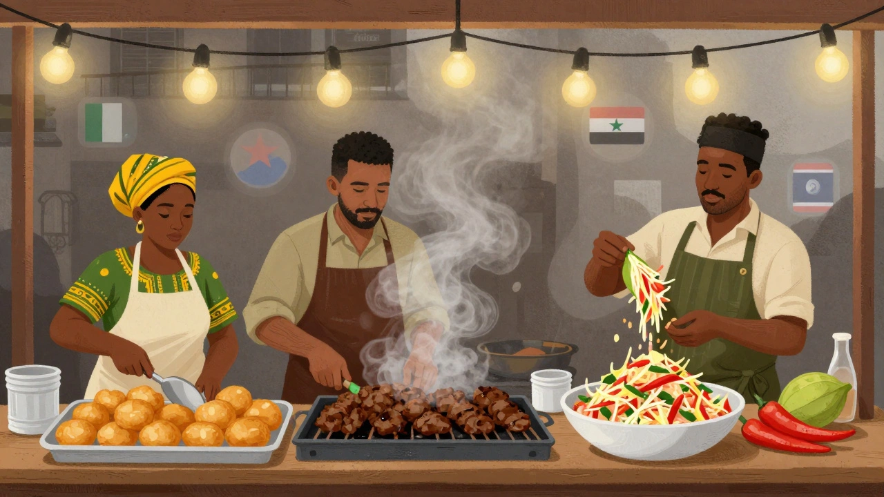 Artistic mural-style scene of multicultural food vendors at Brick Lane, with cultural icons blending into the smoke above their stalls.