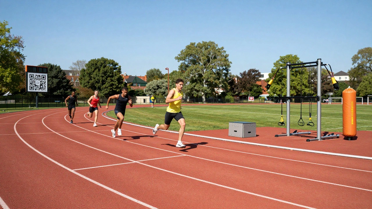 Athletes training on Regent’s Park's synthetic running track with fitness equipment nearby under sunny skies.