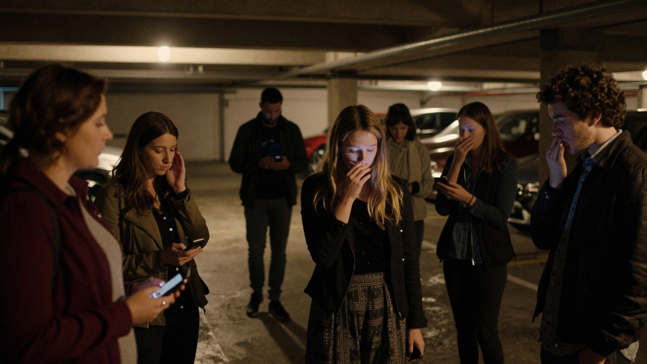 Audience members walking through a dim underground space, listening to whispered memories from handheld devices as actors move nearby.