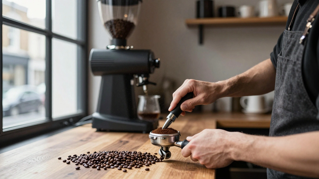 Barista distributing grounds in portafilter