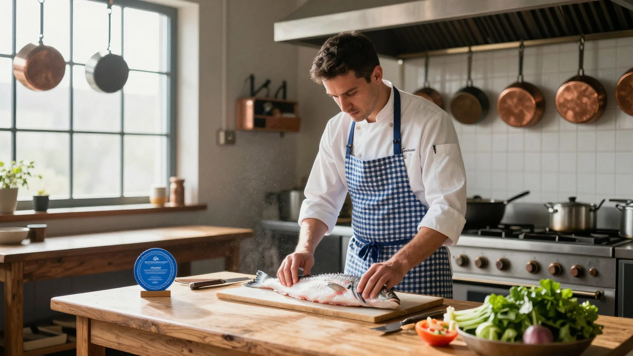 Chef inspecting fresh fish in rustic kitchen with sustainable tag.