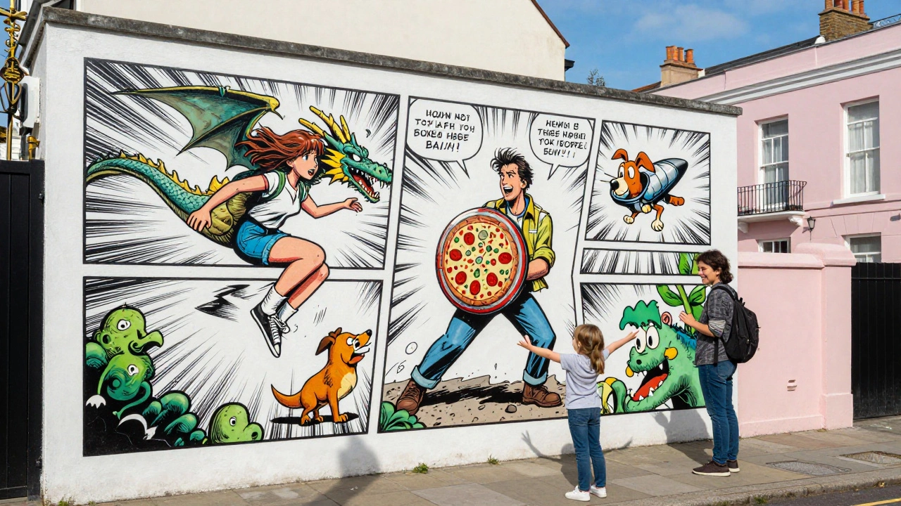 Child narrating a comic-book-style street mural featuring a girl jumping over a dragon in Notting Hill.