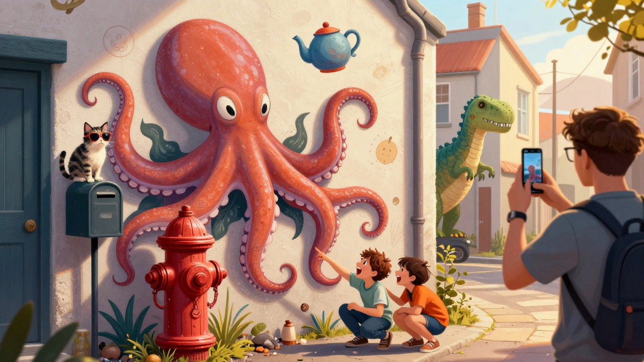 Children discovering hidden details in a vibrant alley mural with an octopus, cat, and floating teapot.