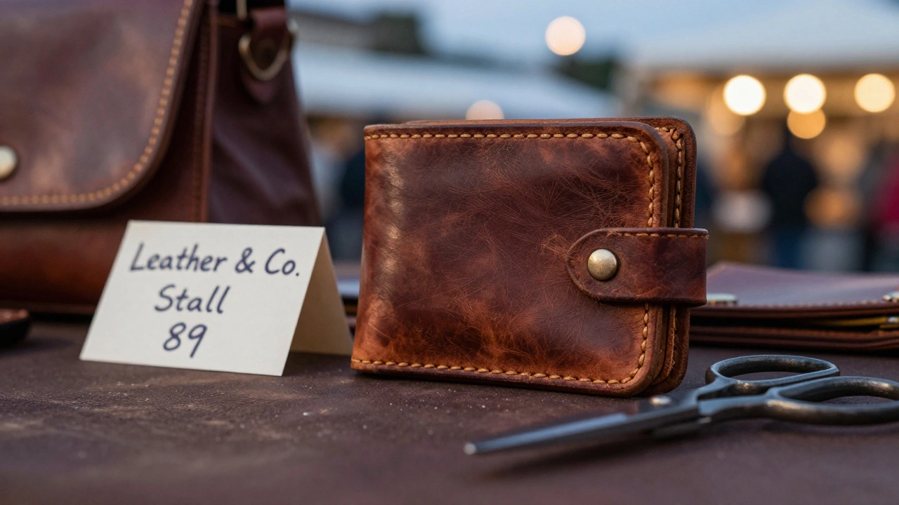 Close-up of a well-worn leather wallet from Portobello Road's Leather &amp; Co. stall with visible craftsmanship.