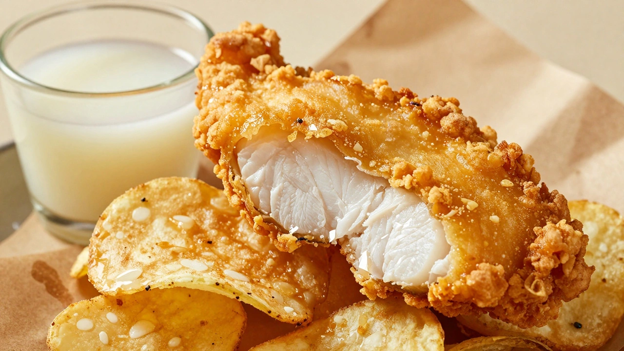 Close-up of fried fish and chips on brown paper with vinegar.
