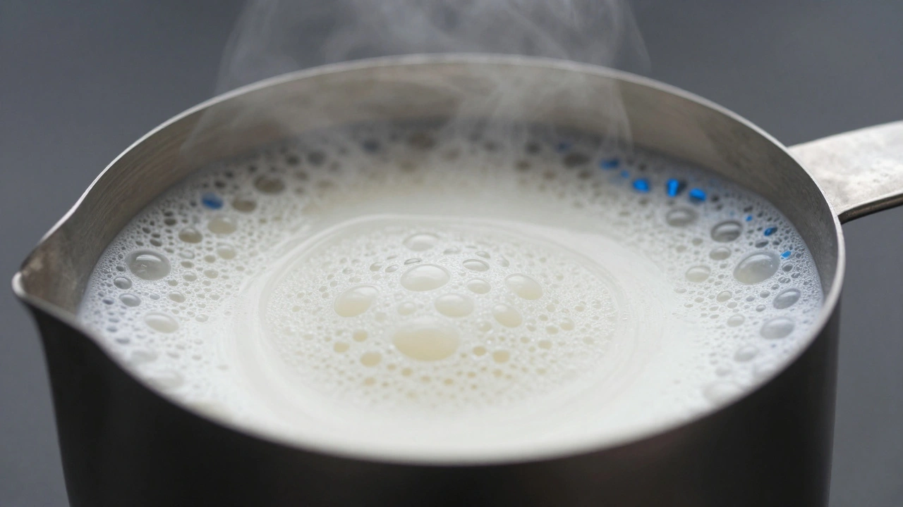 Close-up of microfoam milk texture in pitcher
