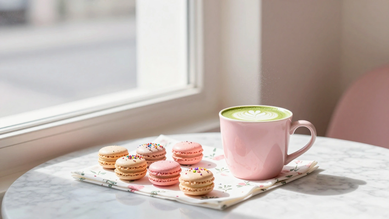Confetti macarons and pink matcha latte on floral napkin, shimmering in natural window light, with blurred pastel café details in background.