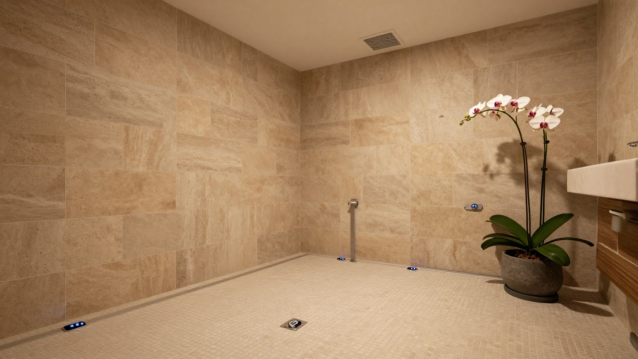 Cozy bathroom with underfloor heating and potted indoor plants.