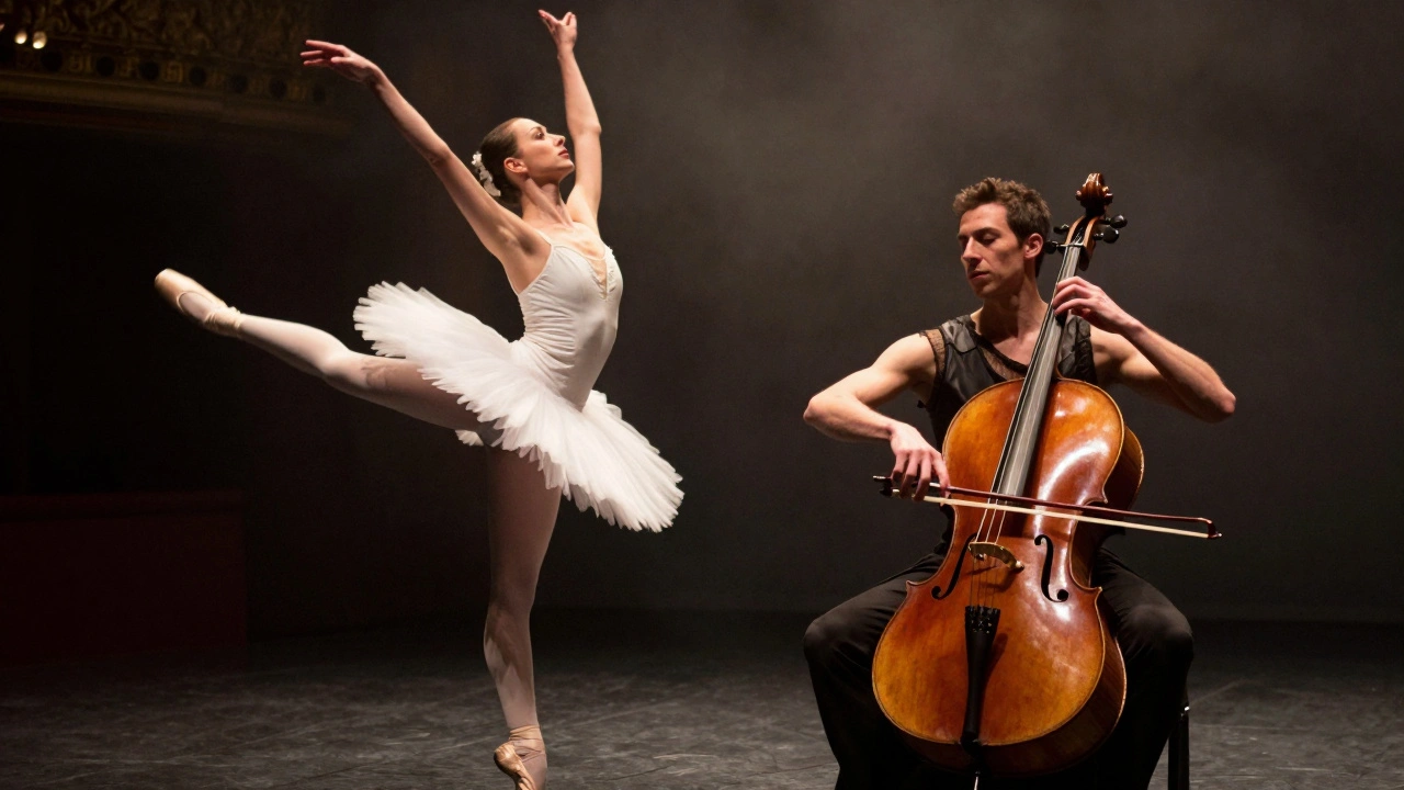 Dancer and cellist performing together on stage