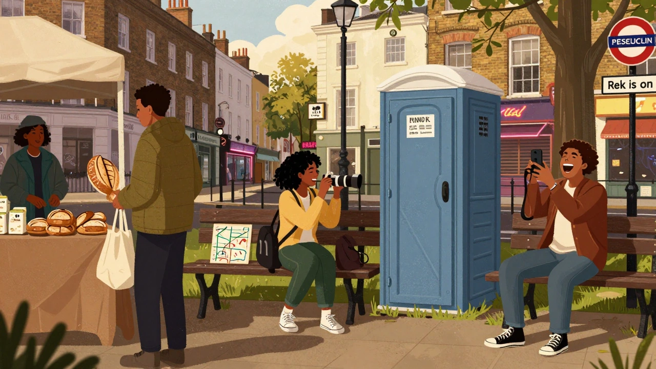 Diverse Londoners in different neighborhoods sharing local discoveries: sourdough, public toilets, and tube stations, golden hour lighting.