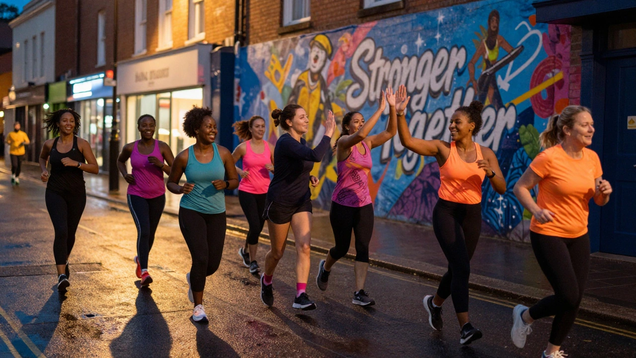 Diverse women running together in Brixton under streetlights, smiling and high-fiving.