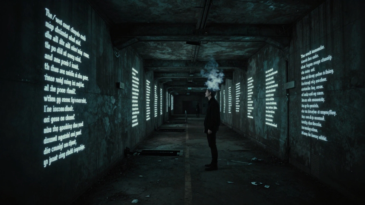 Faint glowing poetry floats along a tunnel wall, brightening and fading with the number of people passing by.