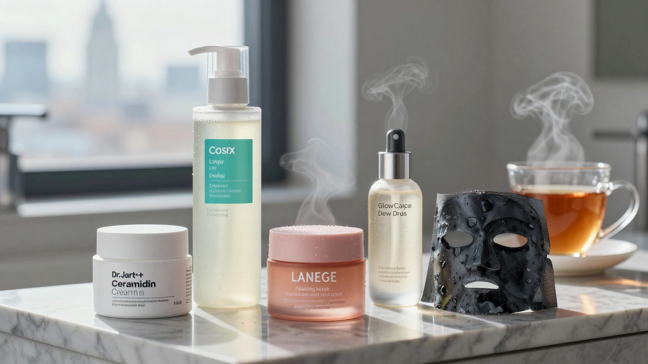 Five top K-beauty products on a marble counter with condensation, beside a steaming cup of tea and a blurred London skyline.