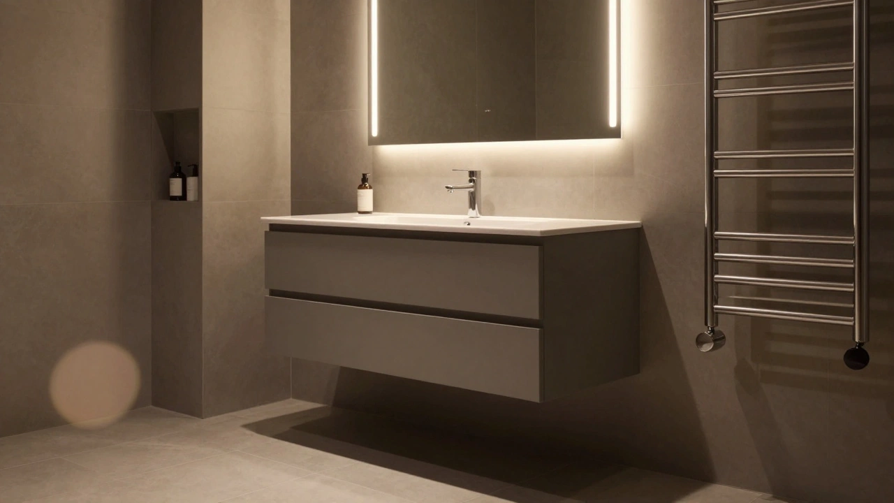 Floating vanity with vertical LED lighting and recessed wall storage.