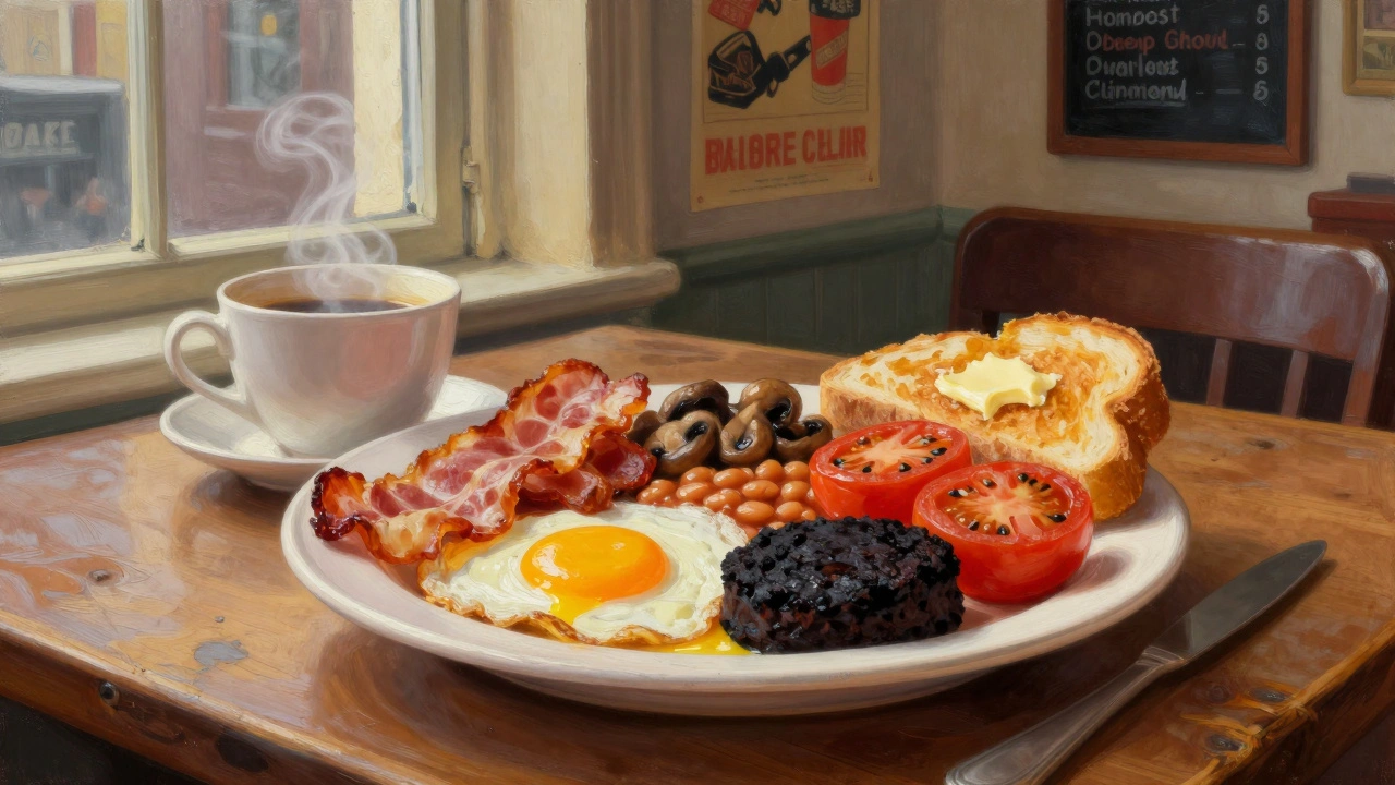 Full English breakfast with fried eggs, bacon, black pudding, and fried bread on a wooden table with tea.