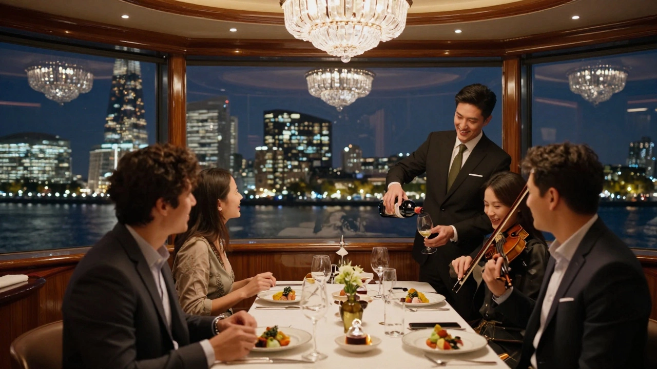 Guests dine in a glass-walled superyacht saloon as the London skyline twinkles at night, with a violinist playing softly on the bow.