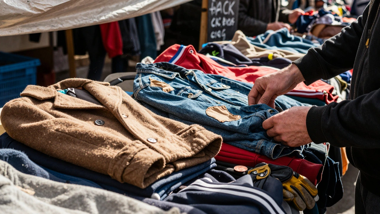 Hands sorting through vintage clothing at Brick Lane Market, with faded jackets and tracksuits under soft sunlight.