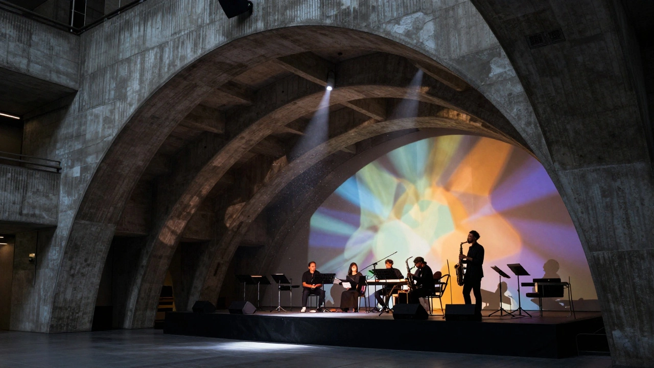 Jazz musicians playing in brutalist concrete concert venue