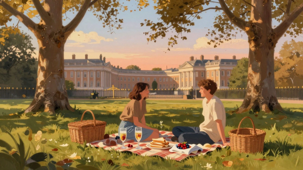 Romantic picnic scene in Kensington Gardens with picnic basket