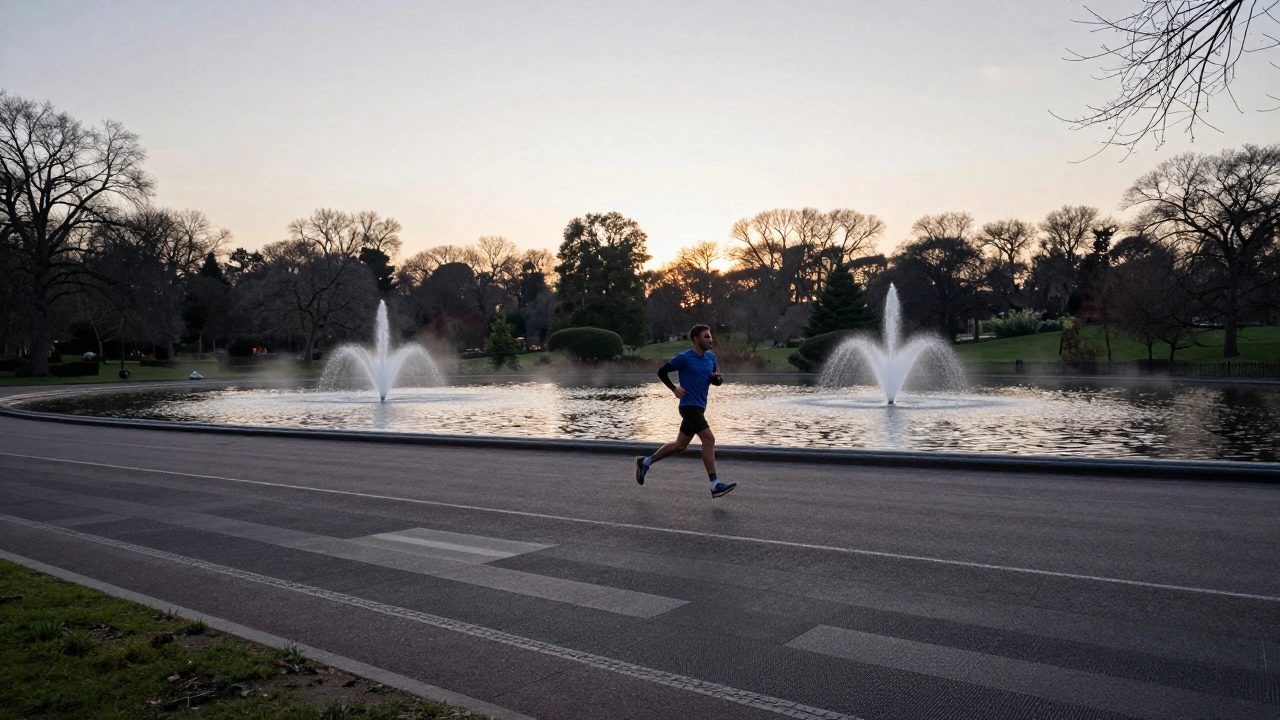 Runner sprinting along Hyde Park's asphalt path at dawn, water fountains visible, Serpentine lake in distance.