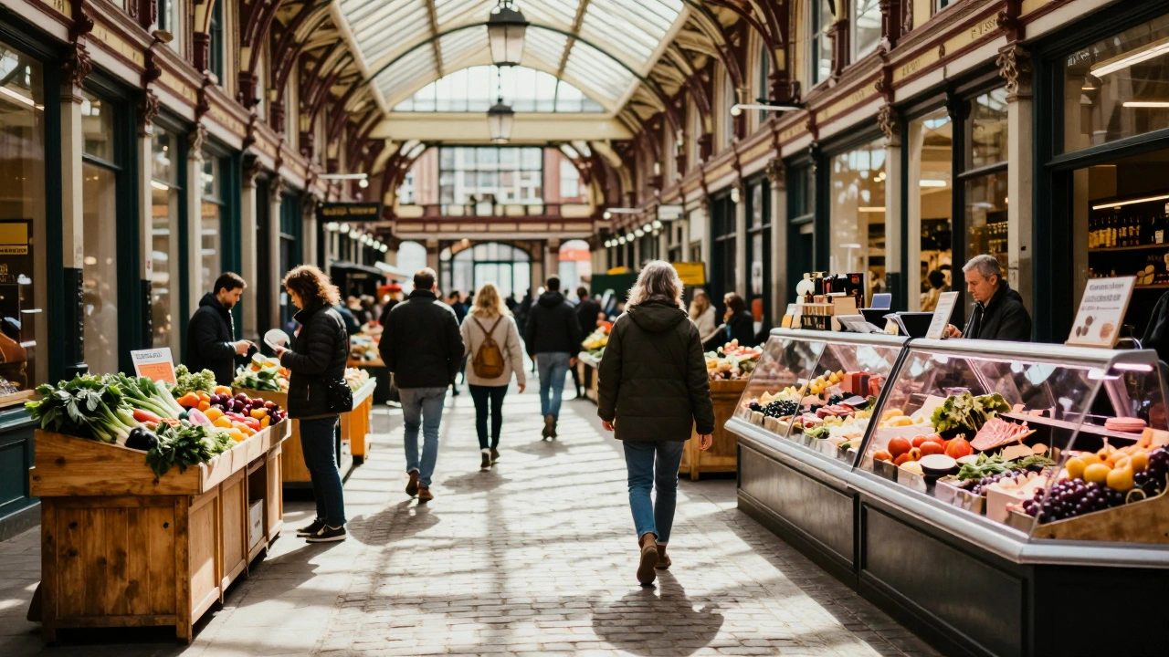 Shoppers walking past independent shops under the market's glass ceiling.