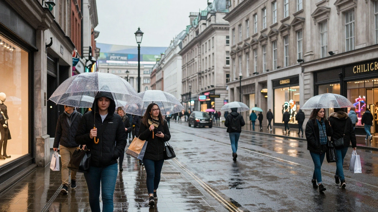 Shoppers with umbrellas on wet Regent Street pavement.