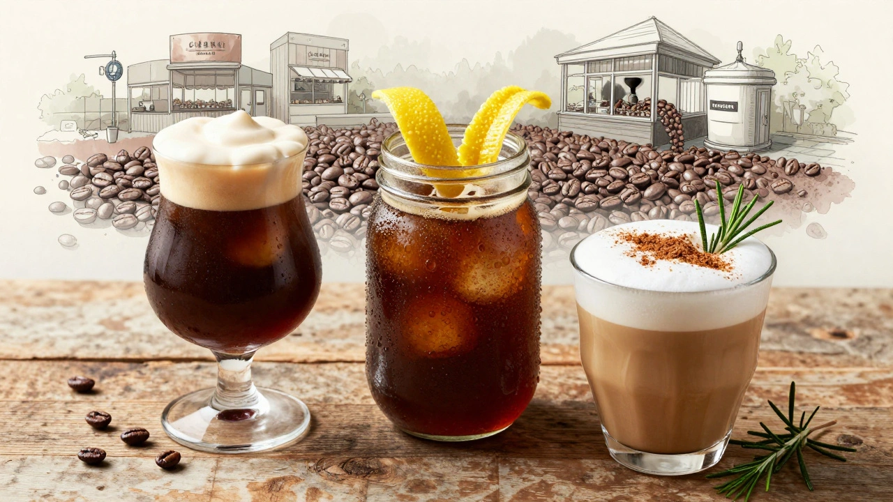 Three innovative coffee drinks: nitro cold brew, sparkling coffee, and functional latte with adaptogens on a wooden table.