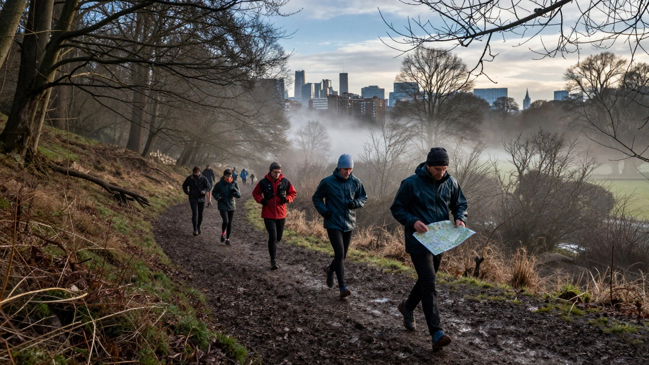 Trail runners navigating muddy paths through Crystal Palace Park with mist and trees.
