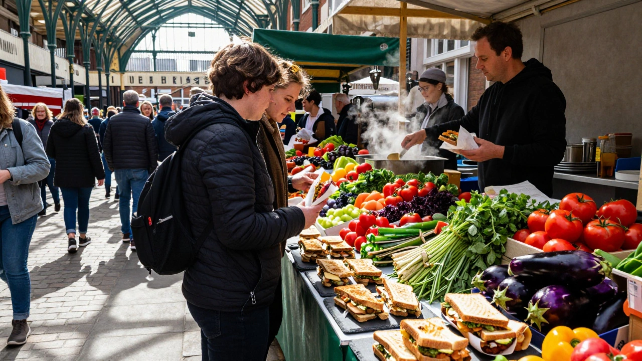 Two people exploring Borough Market street food stalls together