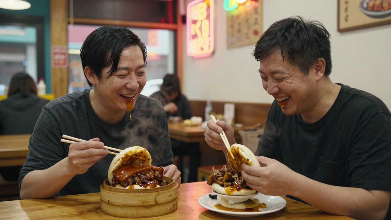 Two people laughing while sharing bao buns at the lively counter of Bao in Soho.