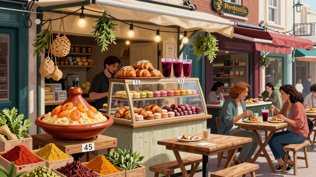 Vibrant food stalls offering Moroccan tagine, pastries, and fresh juices along Portobello Road.
