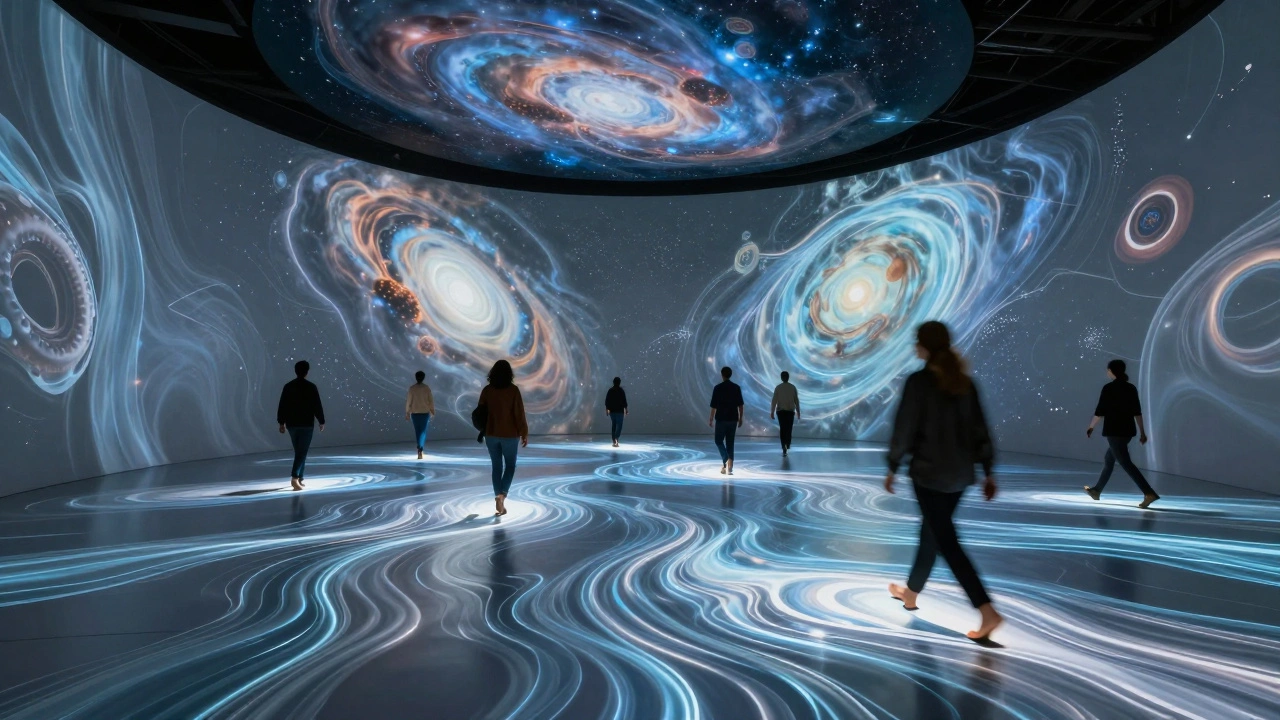 Visitors walk on a glowing haptic floor that ripples like water in response to their steps, surrounded by immersive projections.