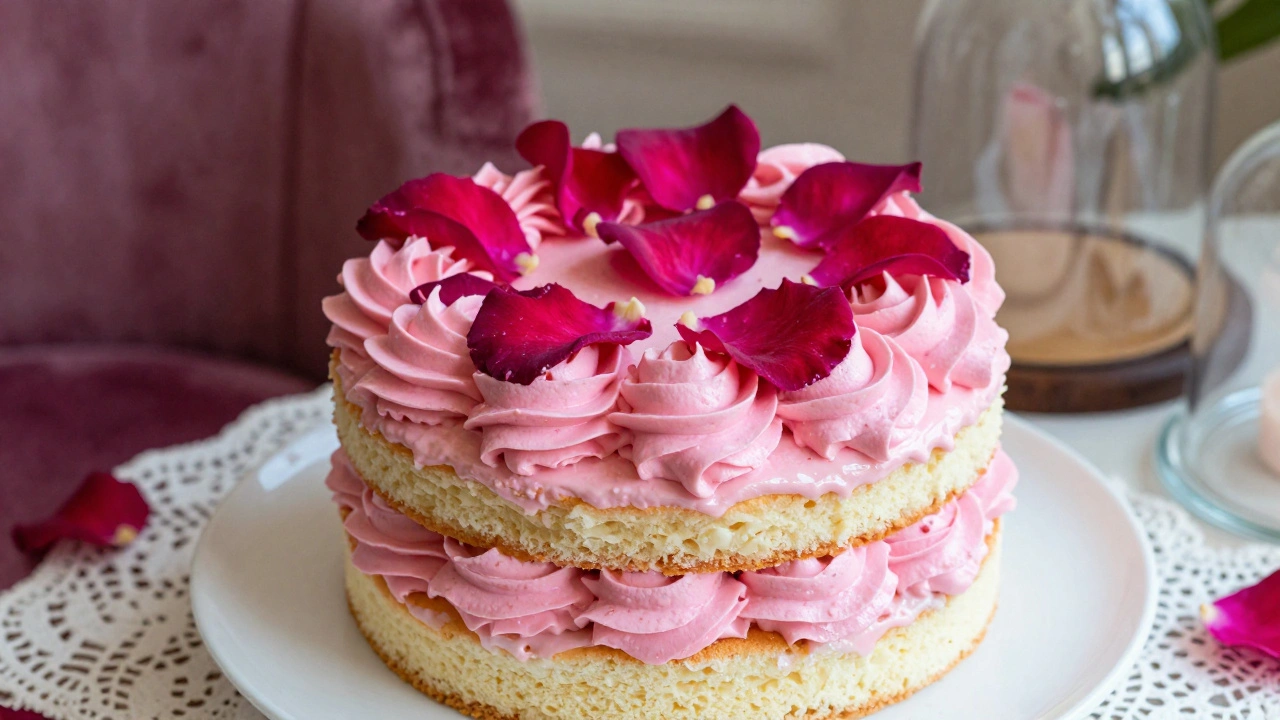 Vivid rose petal cake with edible petals and glossy cream, displayed on fine china under glass dome, surrounded by delicate decor.