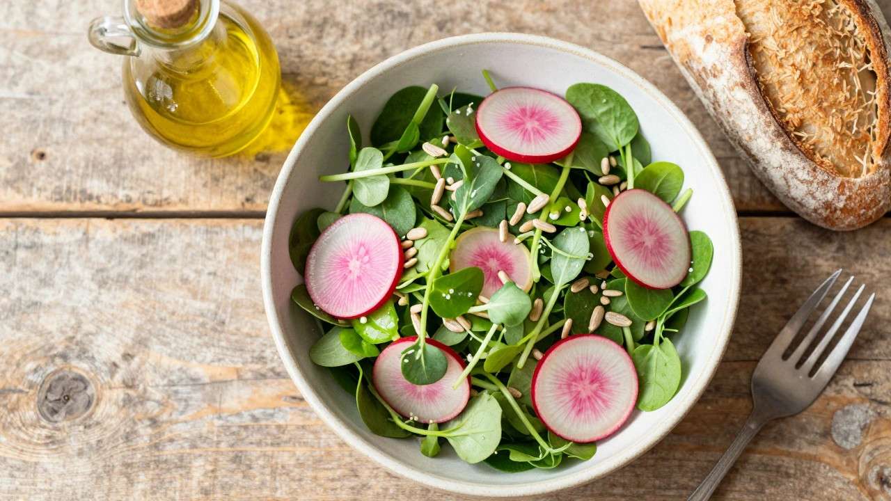 A colorful spring salad with watercress and radishes served in a ceramic bowl on a wooden table.