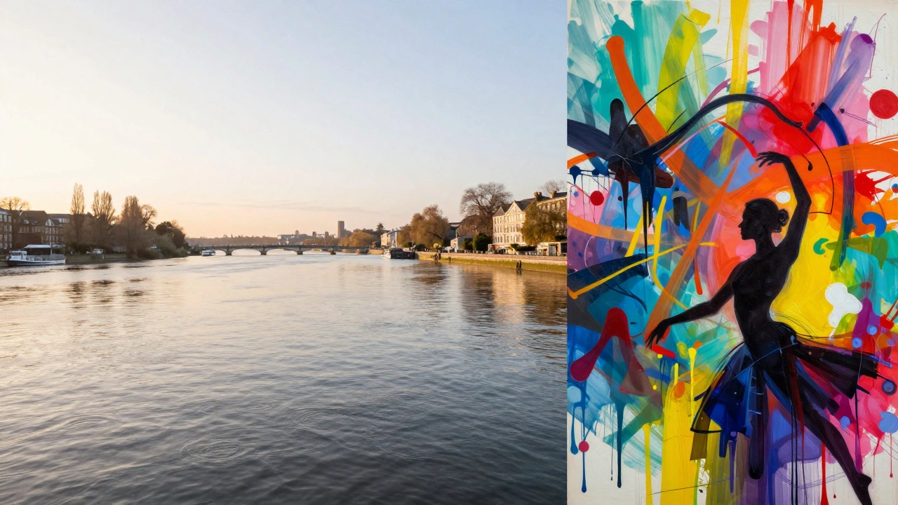 A conceptual image blending the serene River Thames with vibrant artistic elements.