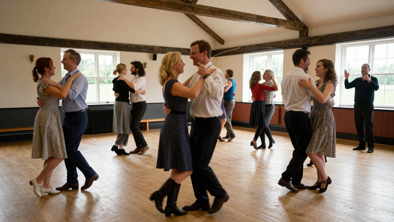 A group of people performing a structured English country dance in a rustic community hall.