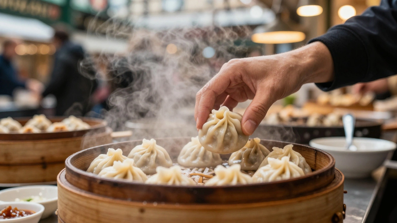 A hand picking up a steaming dumpling at Borough Market in London